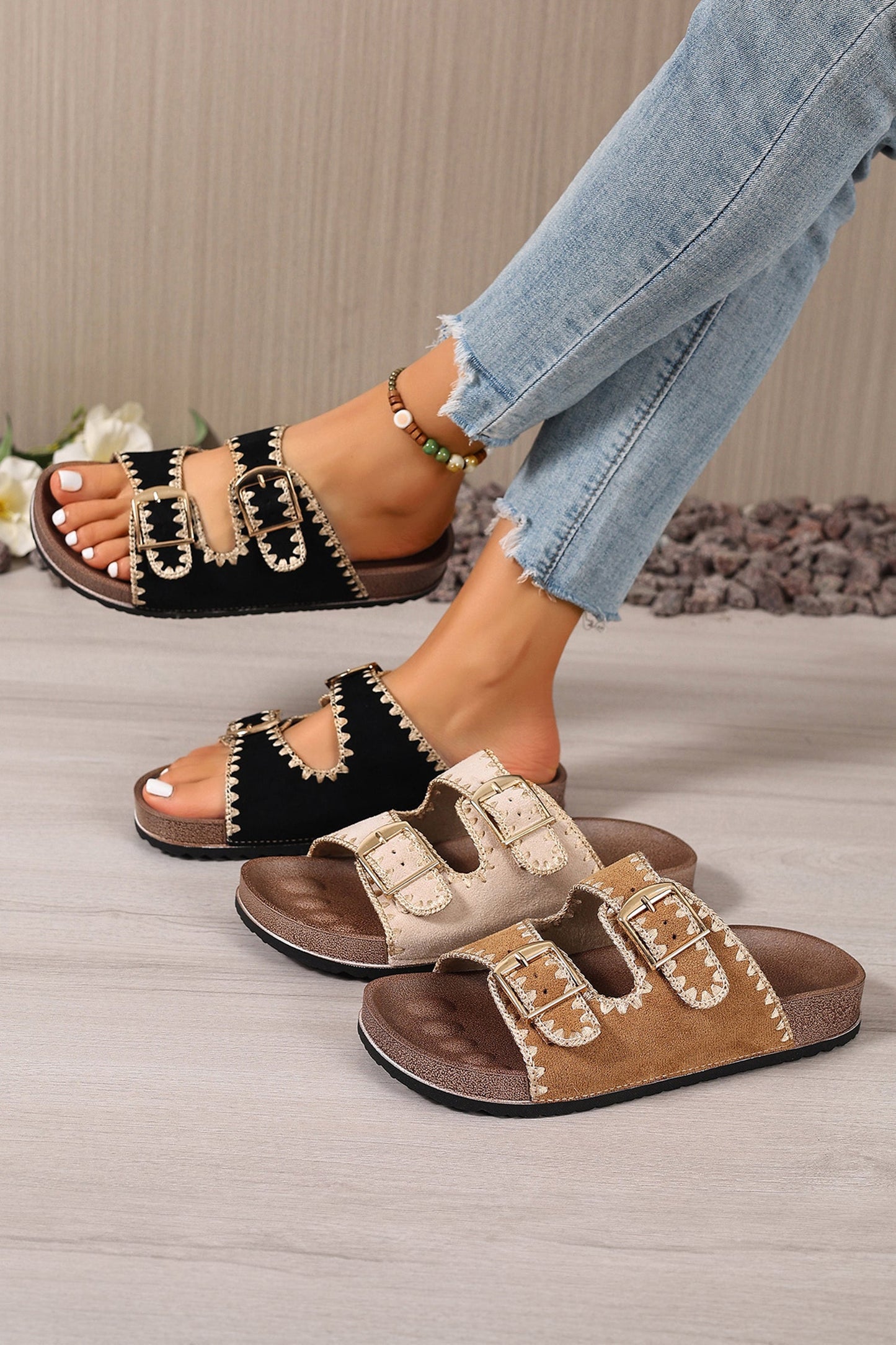 Leah Buckle Faux Suede Slippers