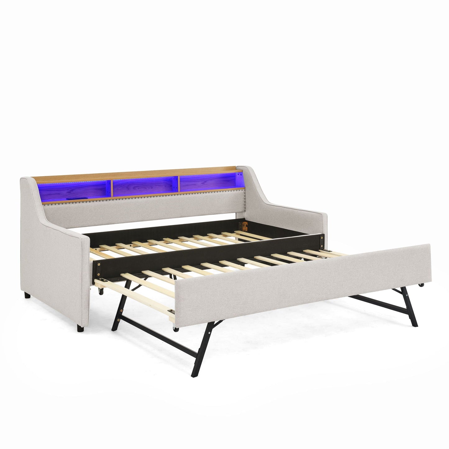 Upholstered Sofa Bed With LED Lights, Storage Headboard, Foldable Trundle & Wireless Charging