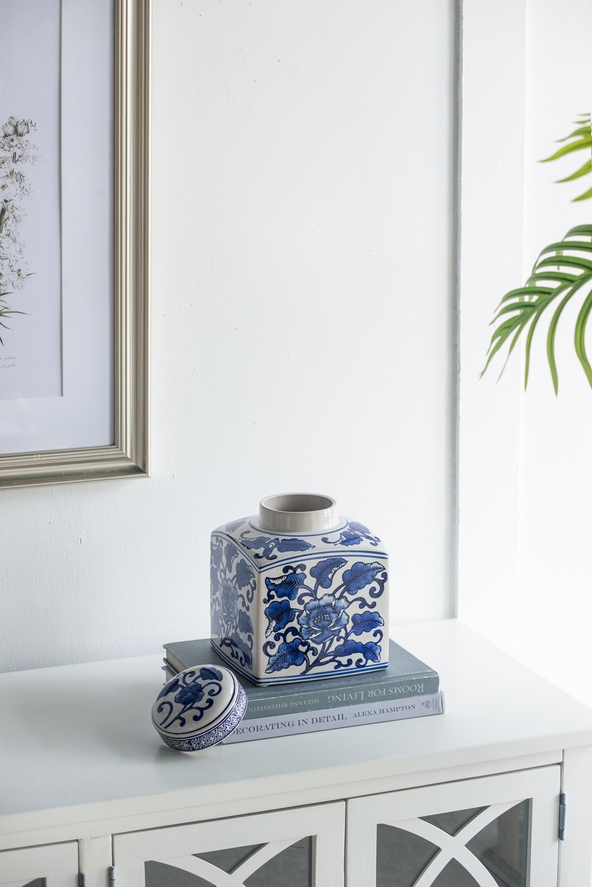 5x5x8' Hand Painted Square Canister with Blue and White Floral Pattern