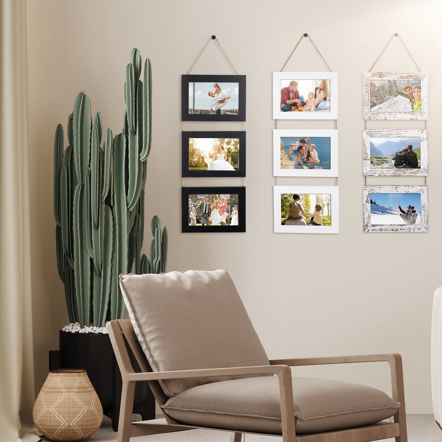 4x6IN Wall Hanging Picture Collage Frame 3-Opening Wall Decor Without Mat Rustic Style Wood Photo Frame Display
