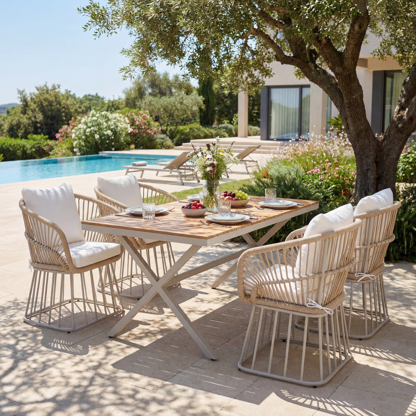 Outdoor 5-Piece Dining Set - Rectangular Teak Wood Table + 4 Wicker Chairs with Cushions