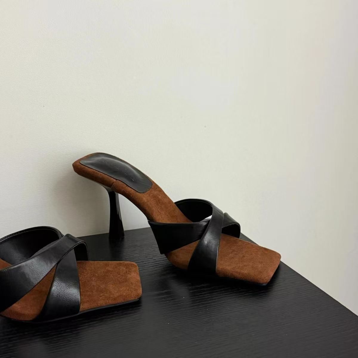 Elegant Socialite Style Cross Strap Open Toe Square Toe Slides For Women, French Stunning 7cm Stiletto High Heels For Summer Outdoor Wear