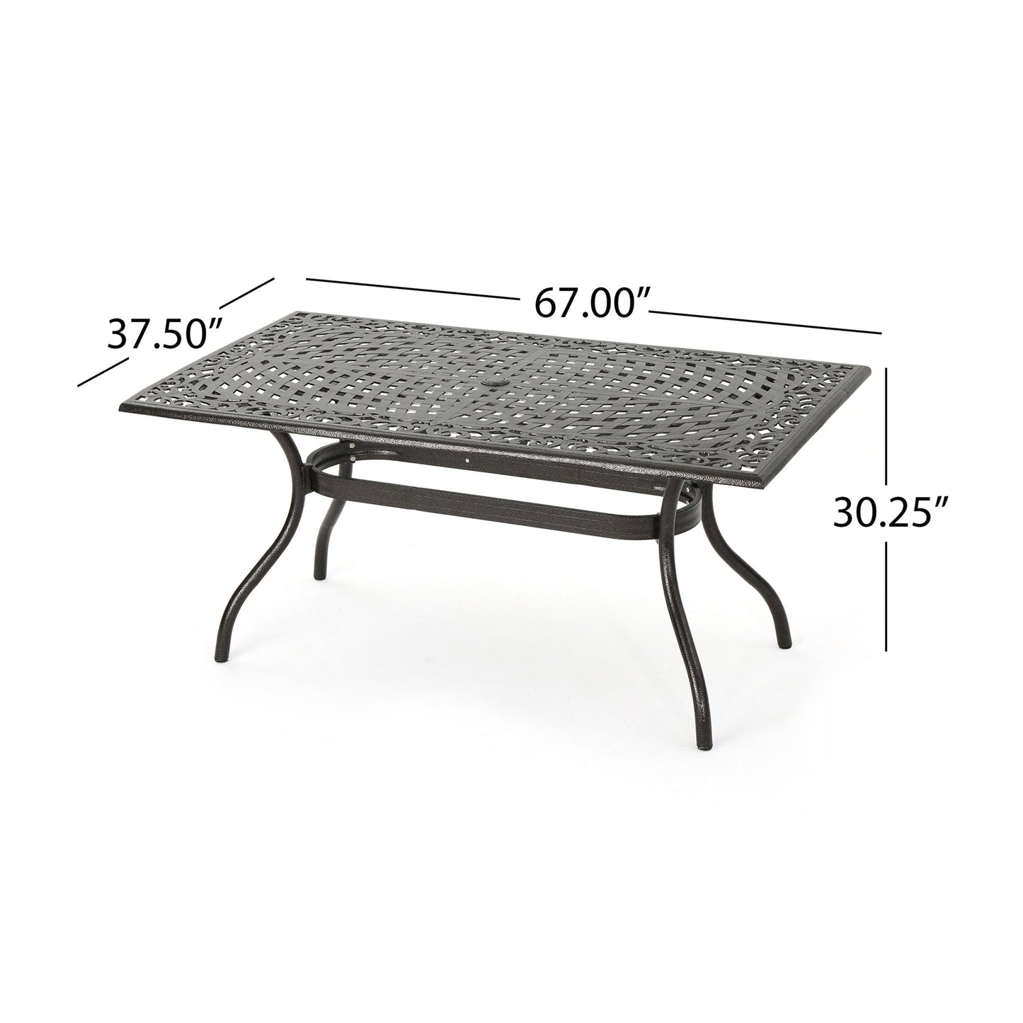 Celestine Outdoor Cast Aluminum Dining Table with Floral Lattice Design and Umbrella Holder