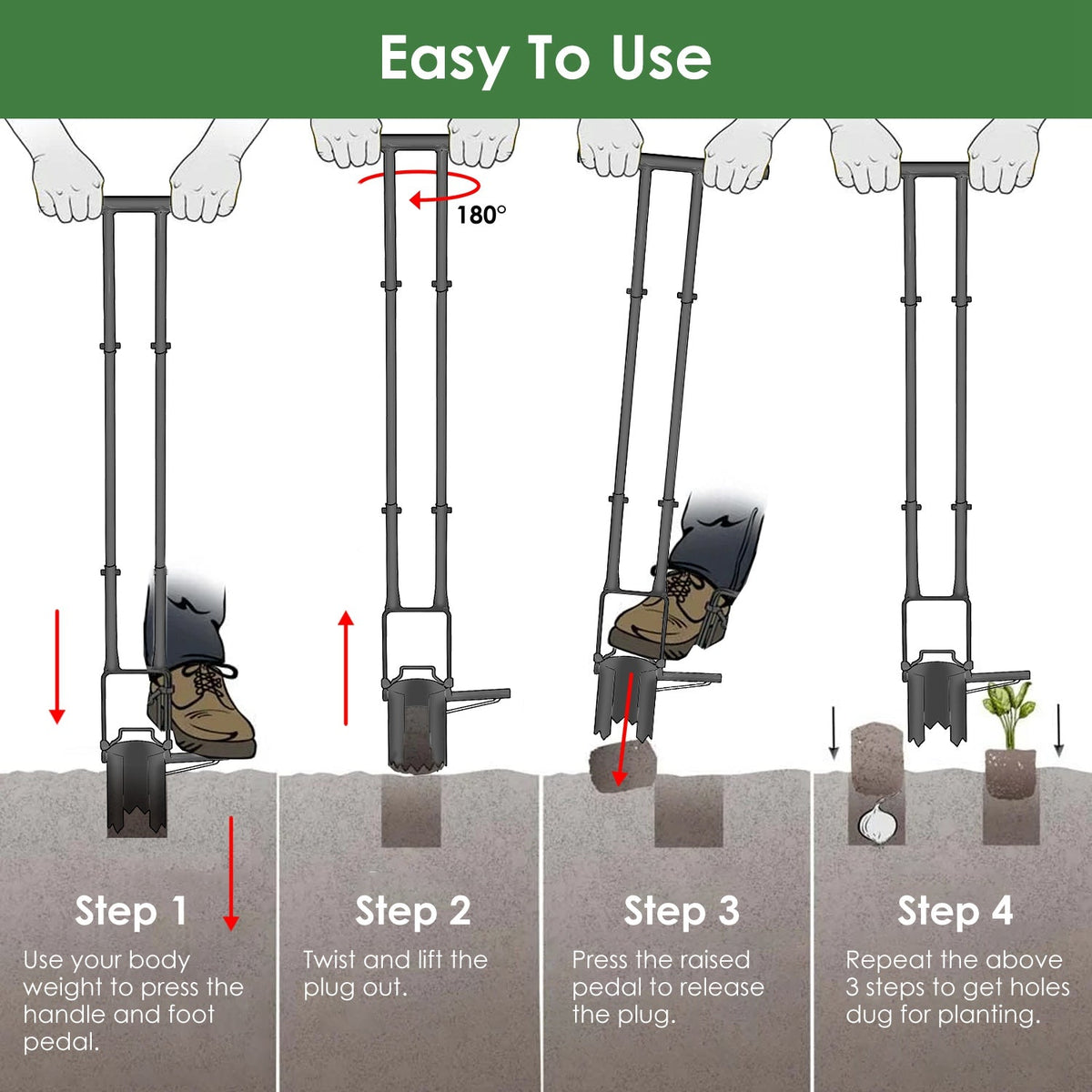 5 In 1 Bulb Planter Tool Long Handle Gardening Bulb Transplanter with Gloves Brush Serrated Base Dual Pedal Digging Holes to Plant Tulips Iris Daffodi