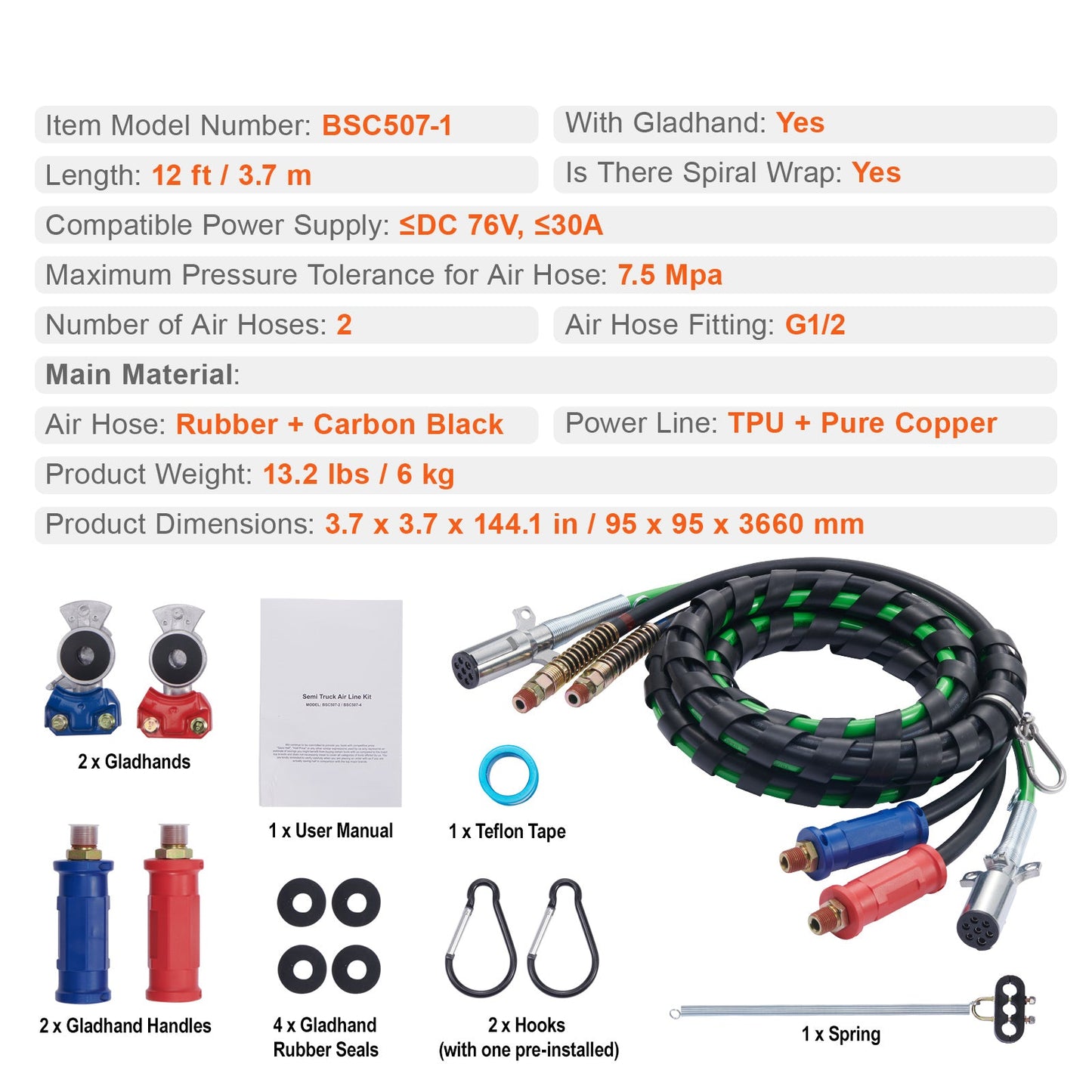12FT Semi Truck Air Lines Kit with Glad Hands and 7-Way ABS Power Line
