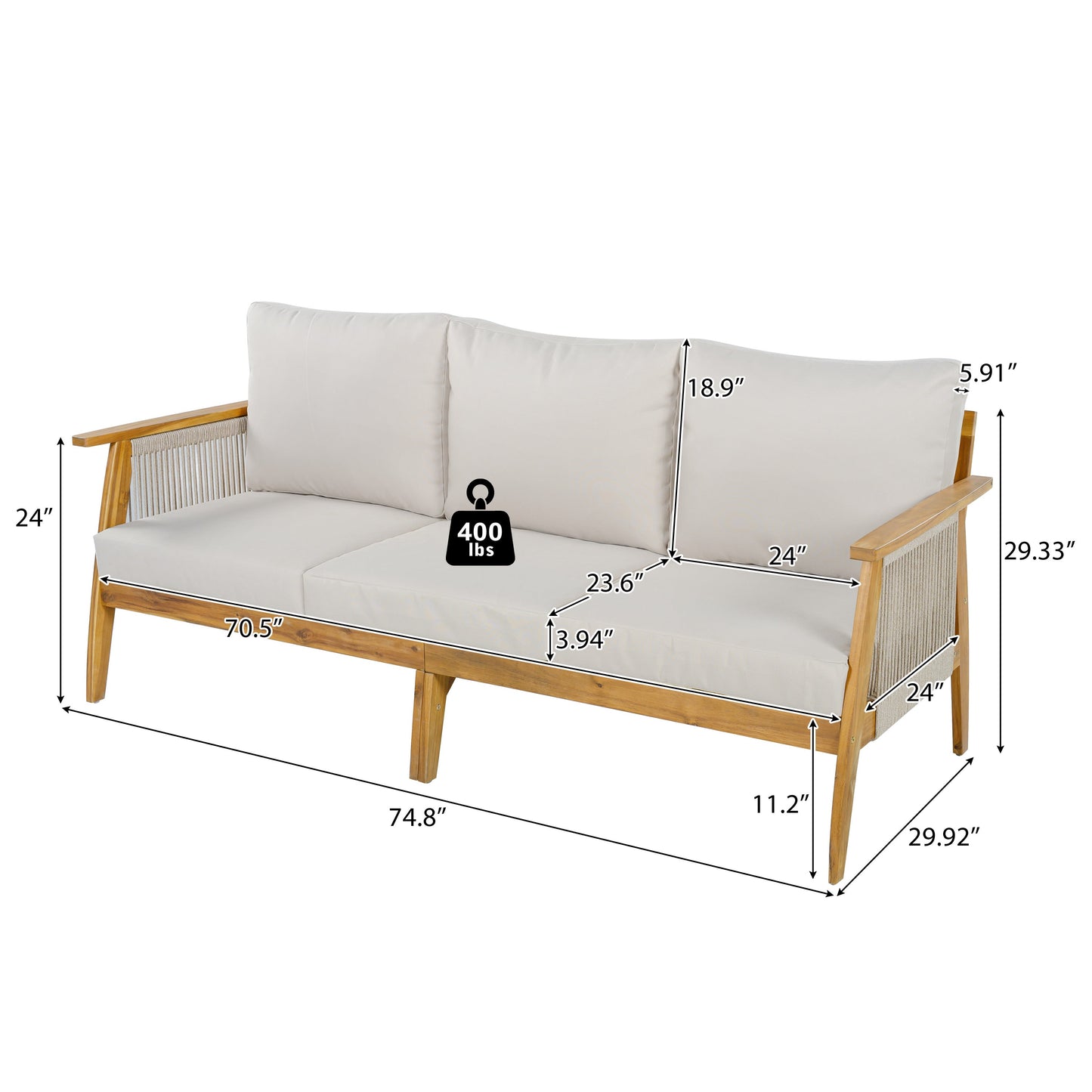 Outdoor Acacia Wood and Rope 3 Seater Patio Sofa