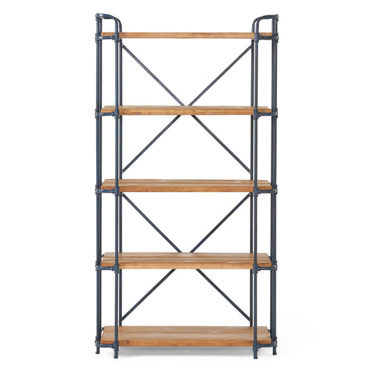 Yorktown Industrial 5 Shelf Bookcase with Metal Pipework and Solid Fir - Natural