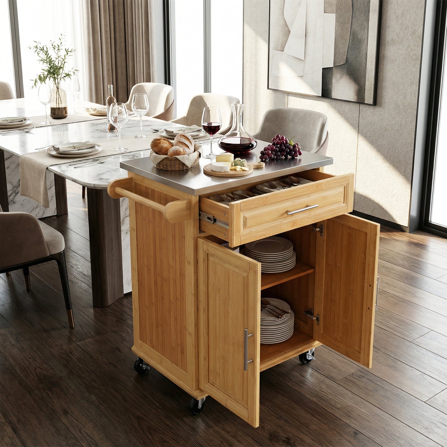 Indoor Compact Bamboo Rolling Kitchen Cart with Stainless Steel Top