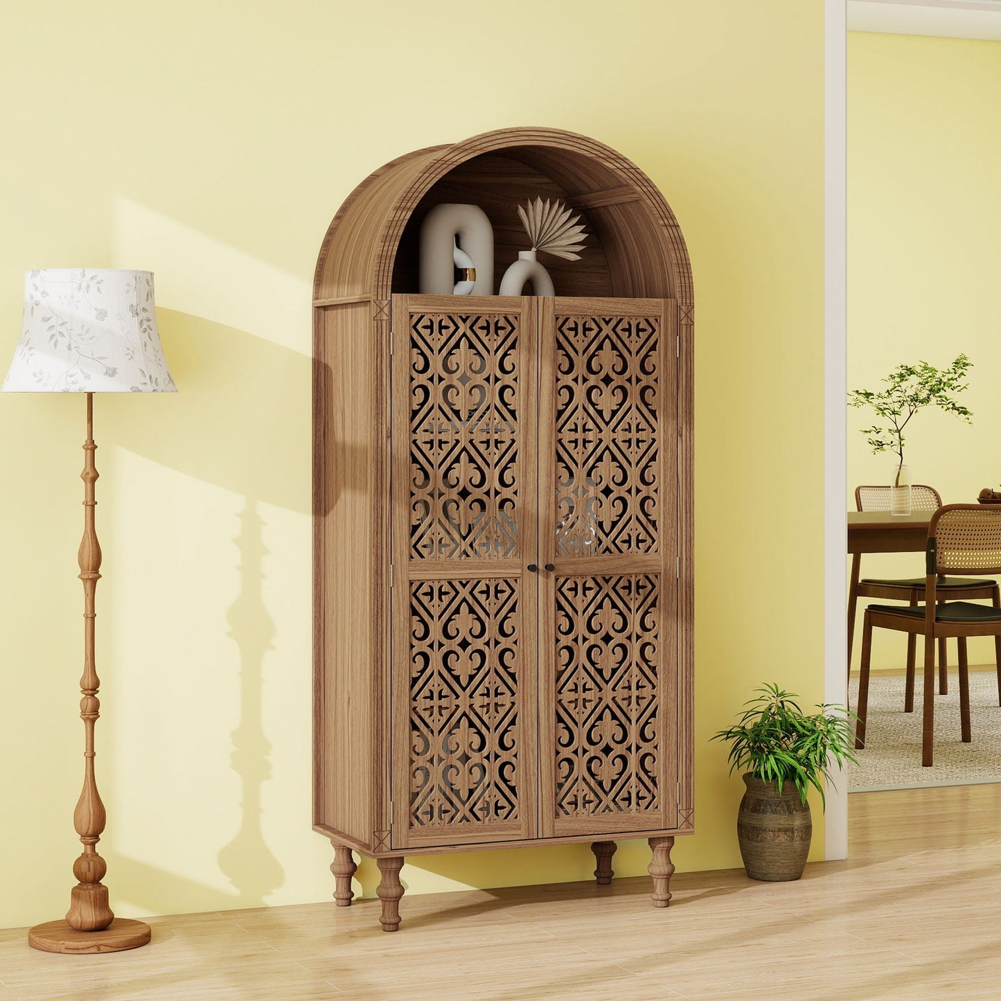 Tall Kitchen Pantry Cabinet With Hollow Carved Doors Adjustable Shelves Versatile Storage Cabinet For Kitchen - Walnut