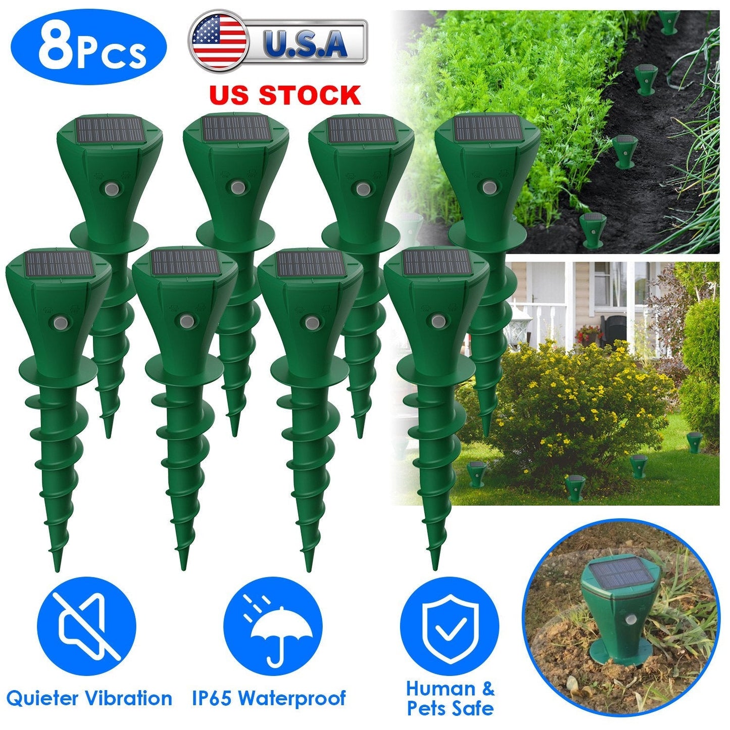 8Pcs Solar Powered Mole Repellent Waterproof Solar Animal Repellers for Moles Gophers Groundhogs Snakes Voles Outdoor Vibration Stake For Farm Garden