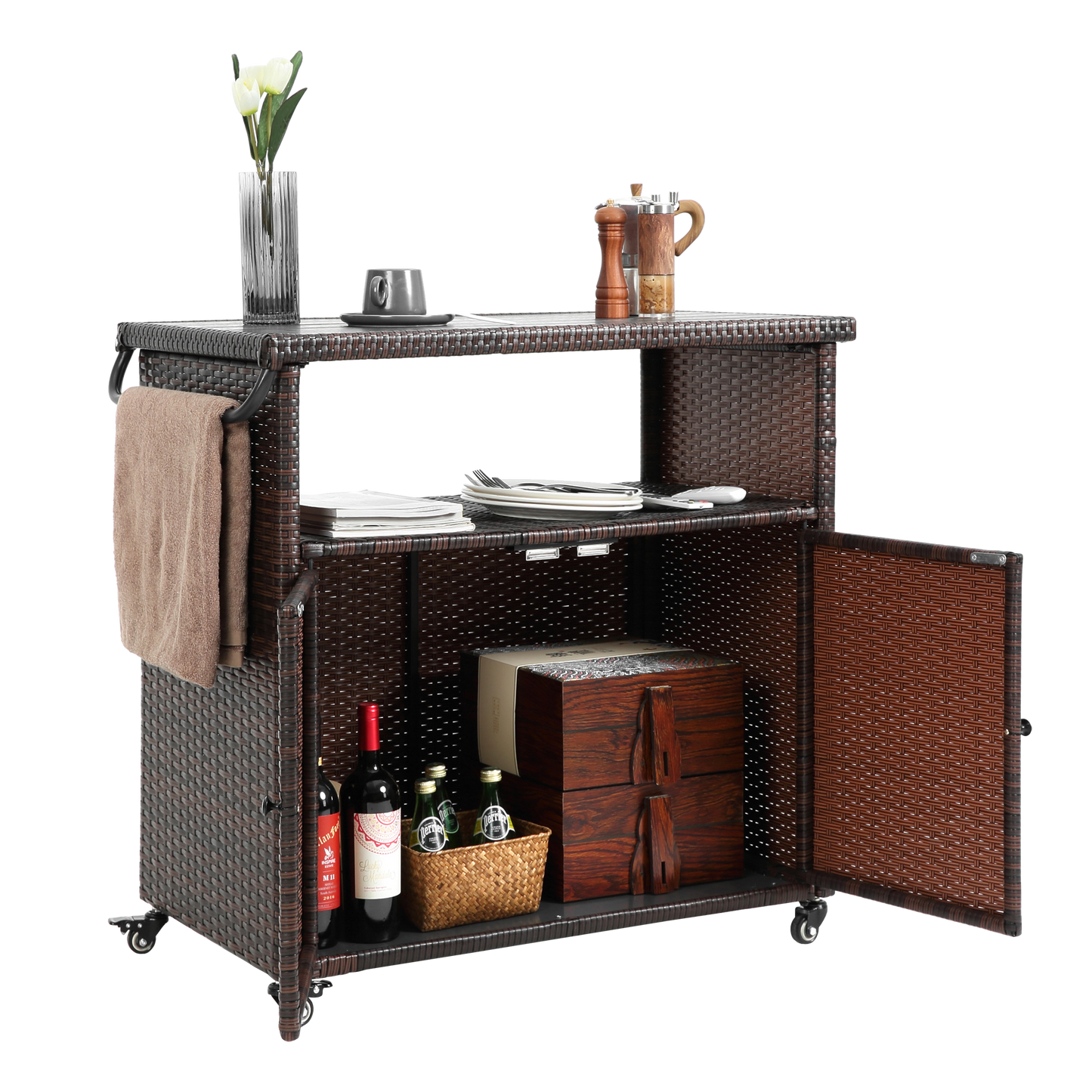 Outdoor Wicker Bar Cart with Glass Top and Wheels - Light Brown