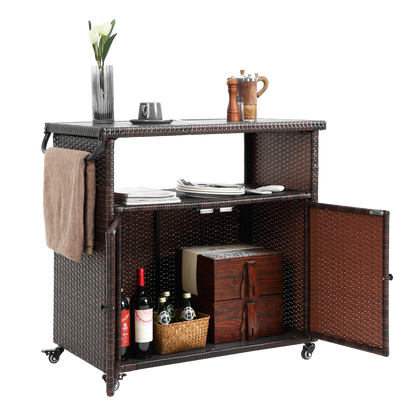 Outdoor Wicker Bar Cart with Glass Top and Wheels - Light Brown