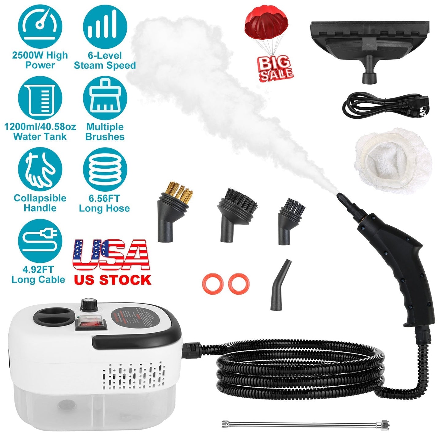 2500W Handheld Steamer Cleaner Multifunctional Little Steamer Powerful High Temp Steam Clean Machine for Cleaning Car Detailing Couch Floor Tile Micro