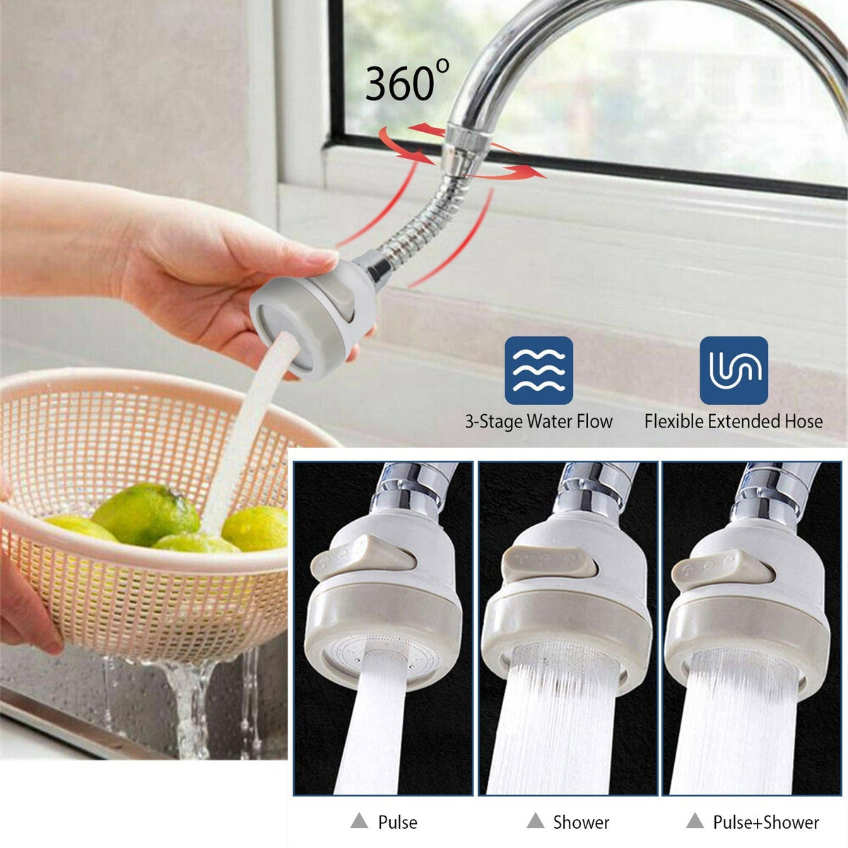 Movable Kitchen Tap Head 360¡ Rotatable Swivel Water-Saving Faucet Anti-Splash Sink Tap Head Spray Aerator w/ Three Modes Flexible Extended Hose For H