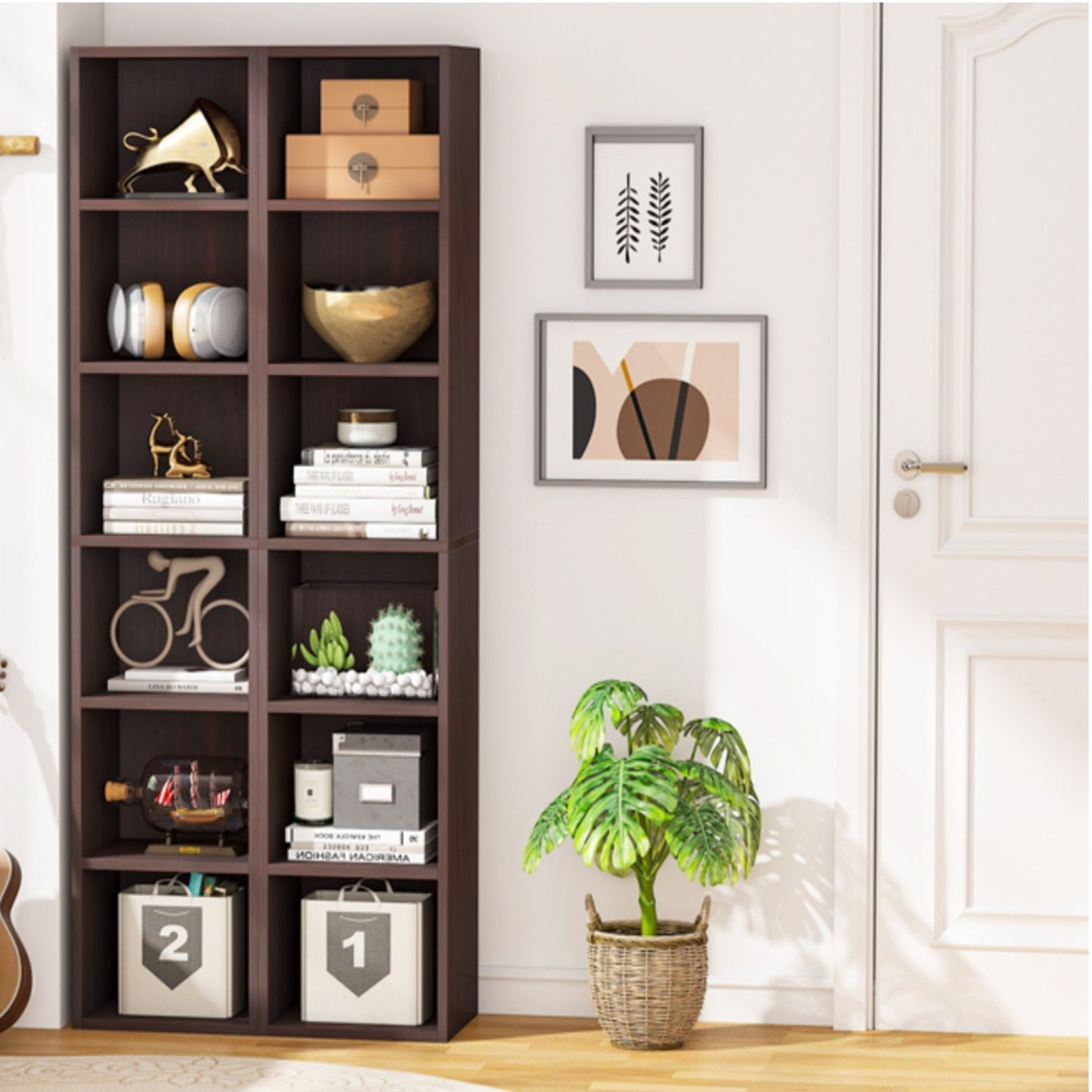 6 Tier Narrow Corner Cube Bookcase Storage, Freestanding Shelf With Open Cubes For Living Room