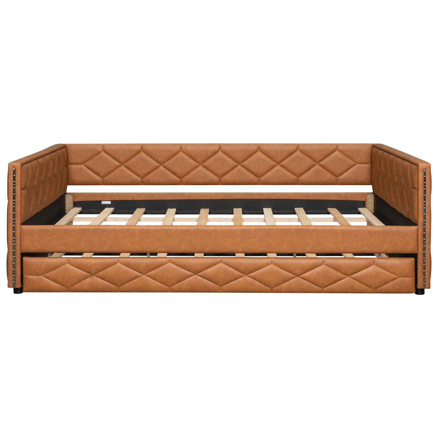 Upholstered Full Long Daybed With Trundle And LED Armrests - Brown