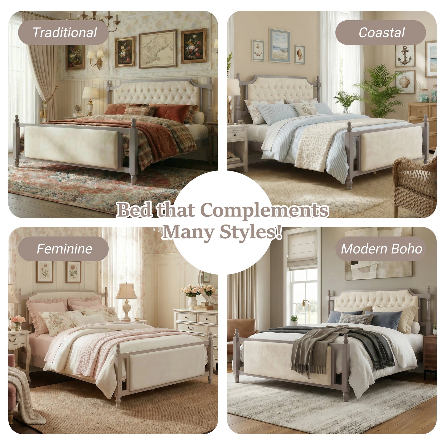 King Size Upholstered Platform Bed with Button Tufted Headboard