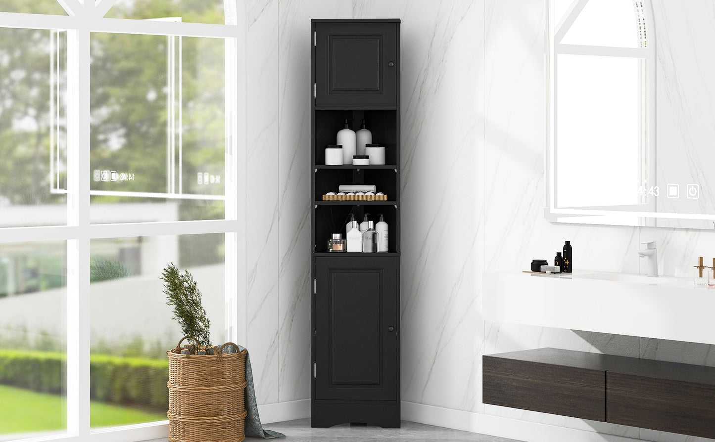 Multi-Functional Corner Cabinet Tall Bathroom Storage Cabinet with Two Doors and Adjustable Shelves, Open Shelf