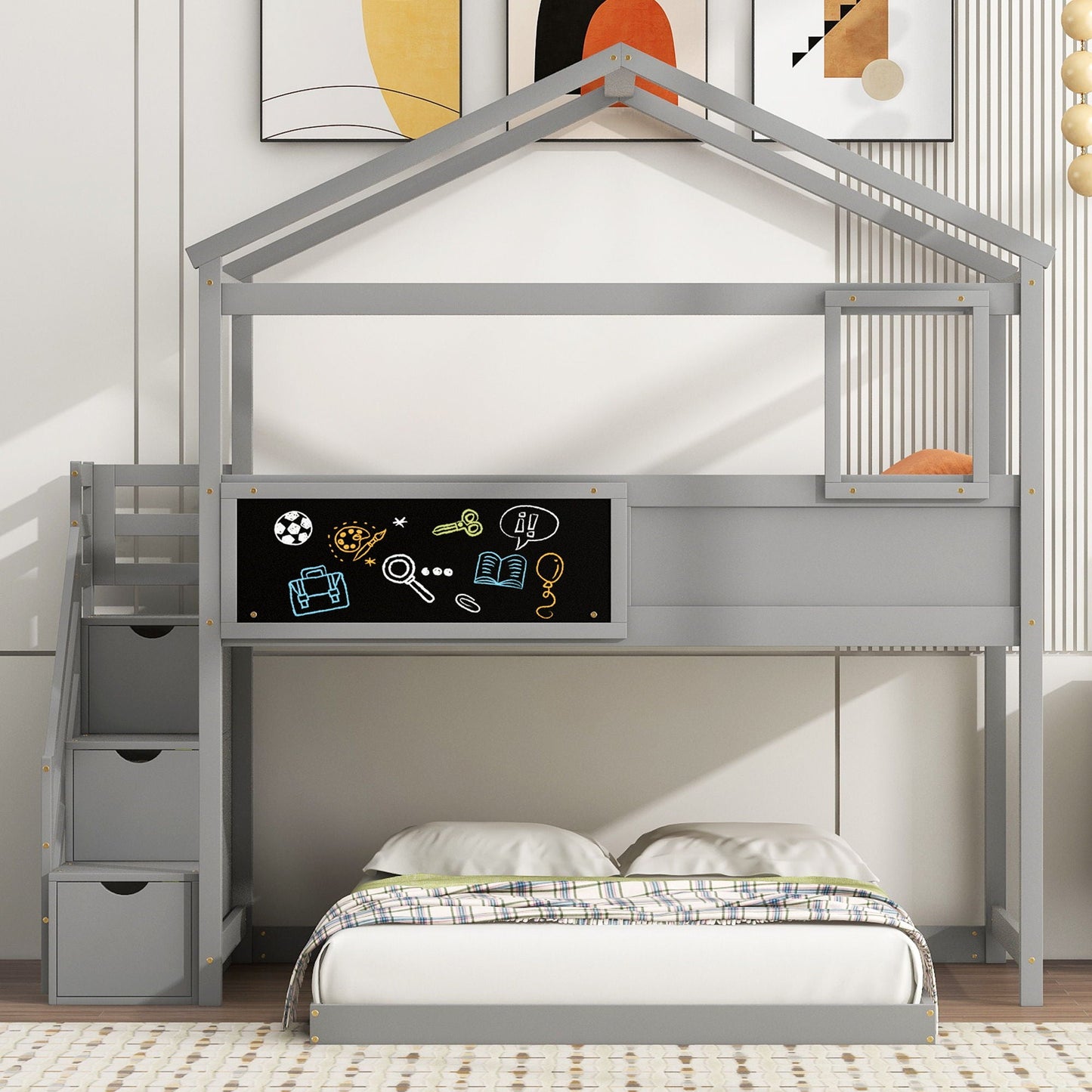 House Style Bunk Bed With Storage Staircase And board