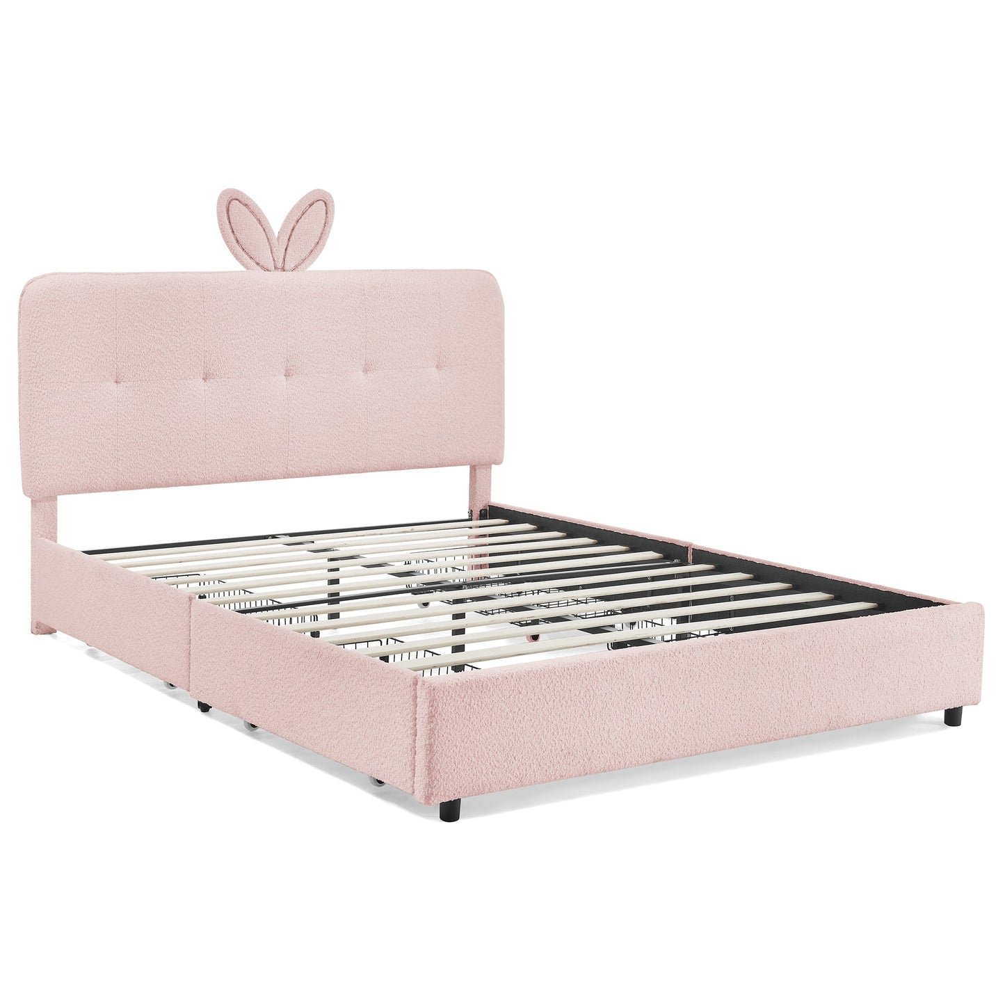 Queen Size Kids Upholstered Bed with Rabbit Ear Headboard & Storage