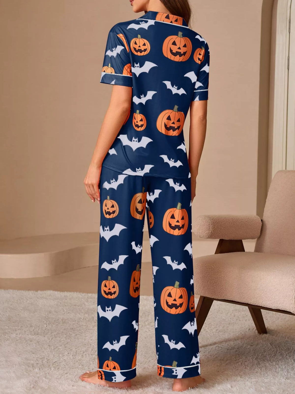 Halloween Pumpkin and Bat Print Button-Down Top and Pants Lounge Set
