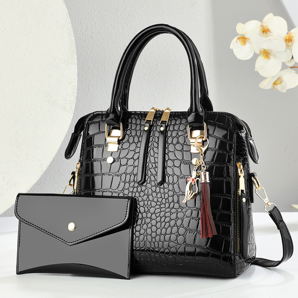 Womens Fashion Crocodile-Print Set Of Two Handbag And Crossbody Bag