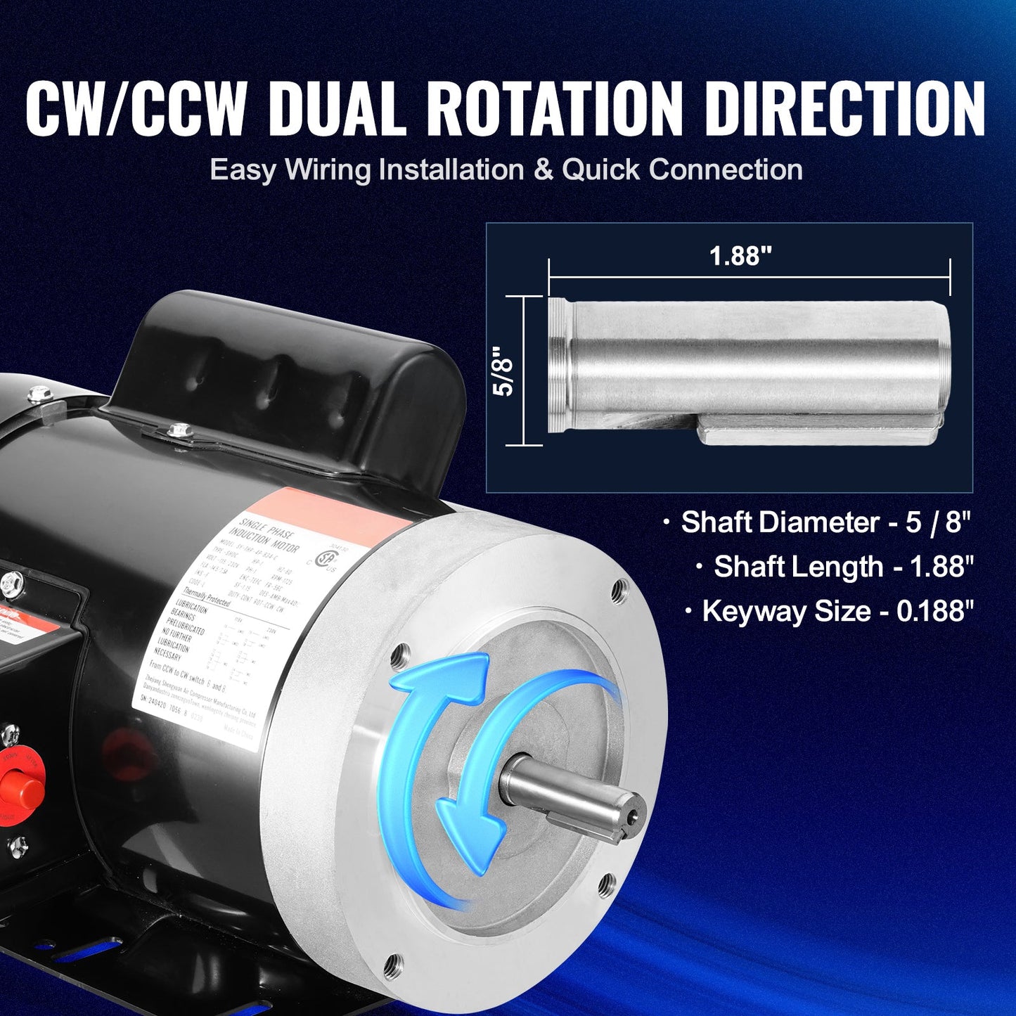 1HP Electric Motor 1725 RPM AC 115V/230V