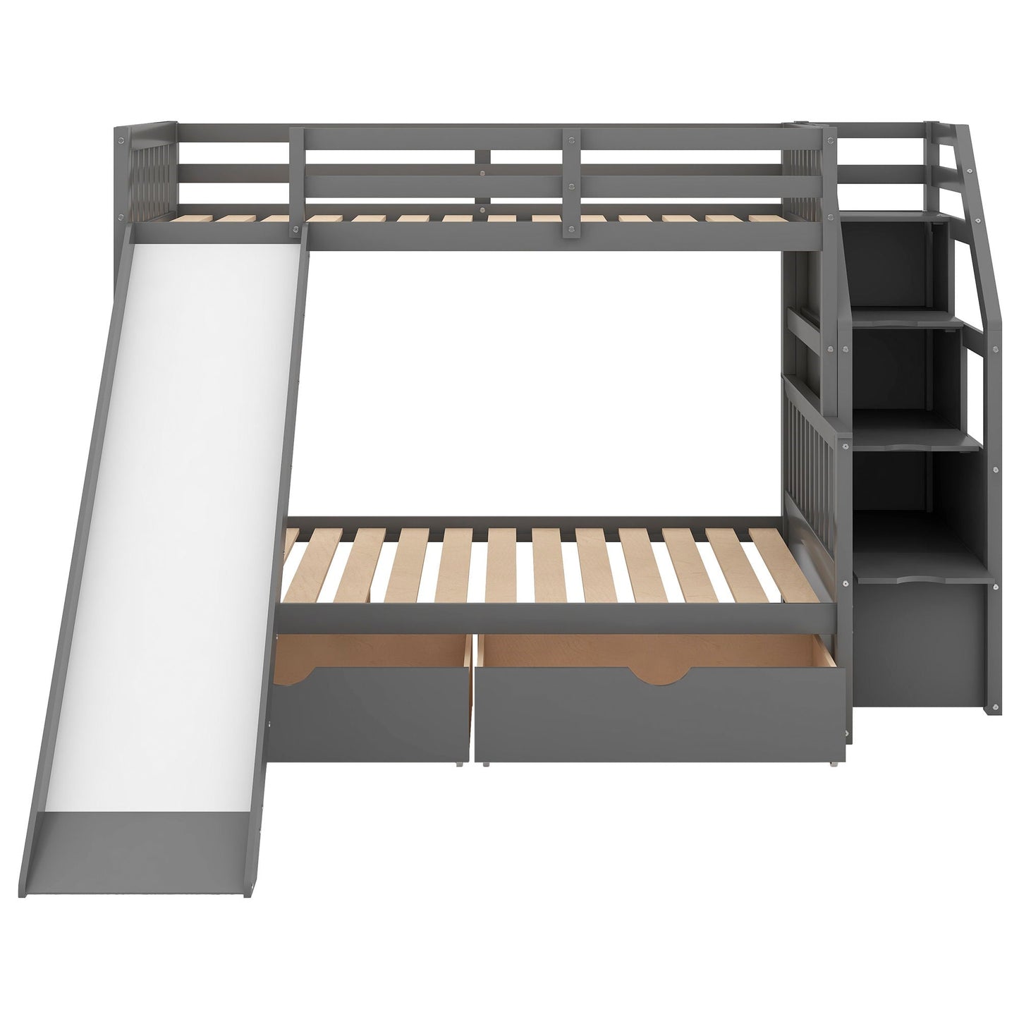 Bunk Bed With Storage Staircase, Slide, Desk, Drawers, And Shelves