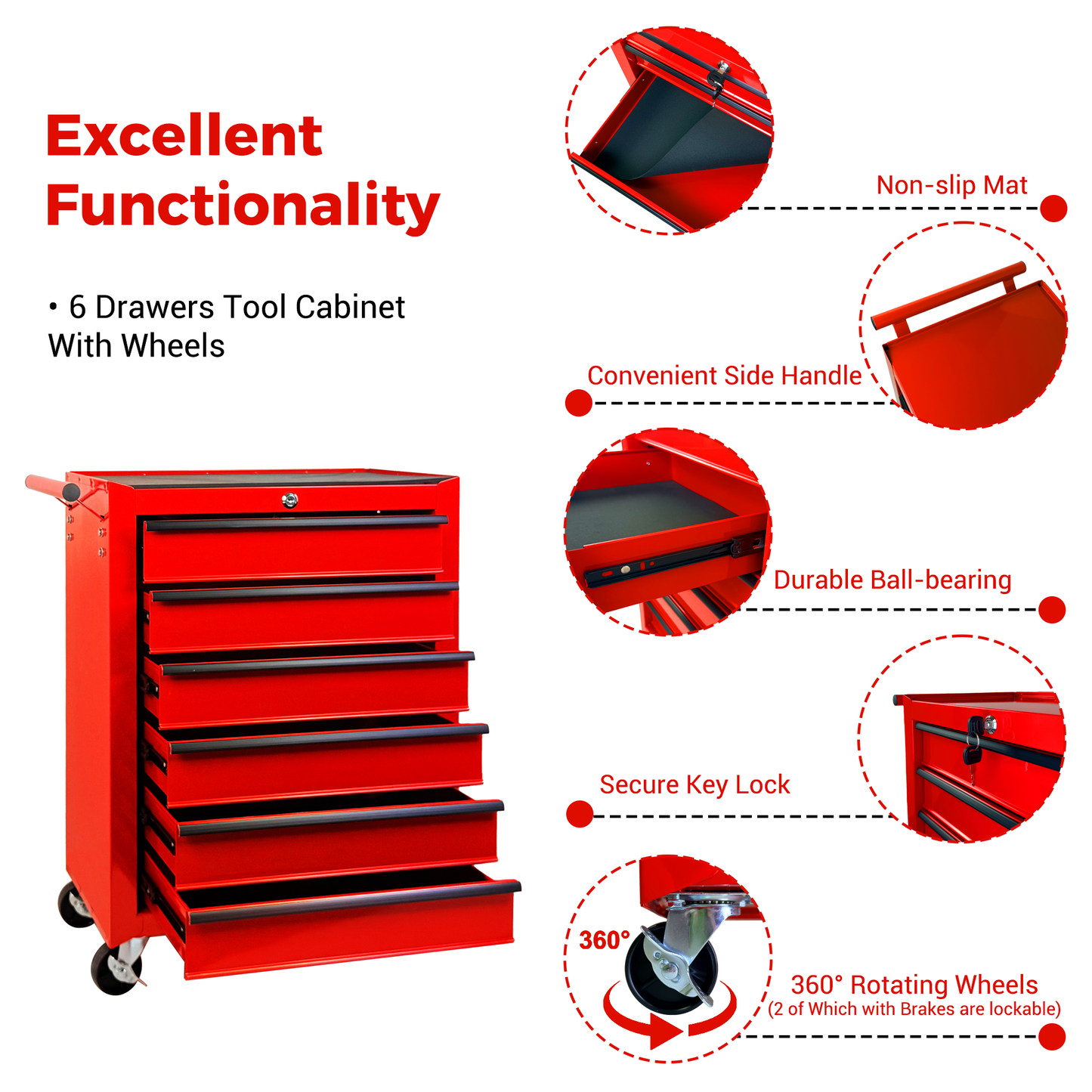 Rolling Metal Tool Chest with 6 Drawers, 20" Steel Storage Cabinet