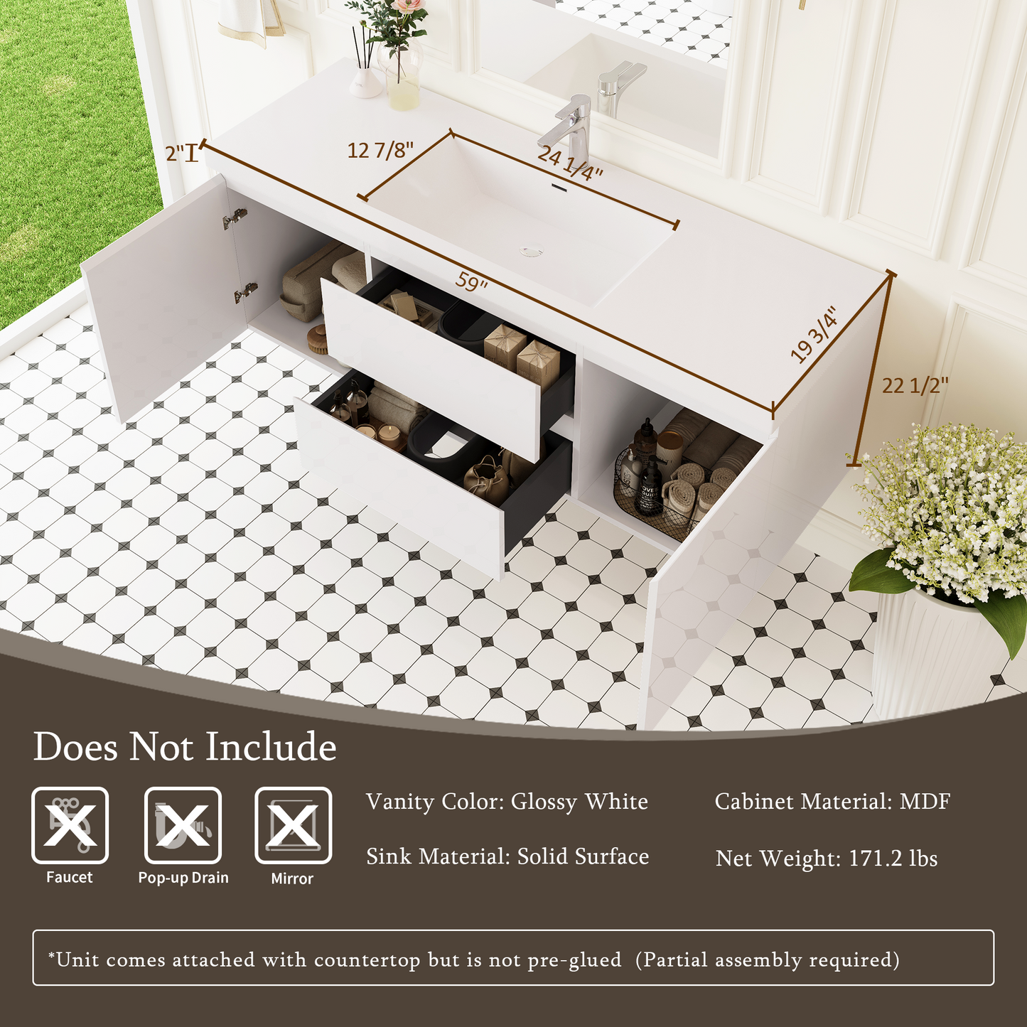 60" Floating Bathroom Vanity with Sink and Wall-Mounted Storage Cabinet