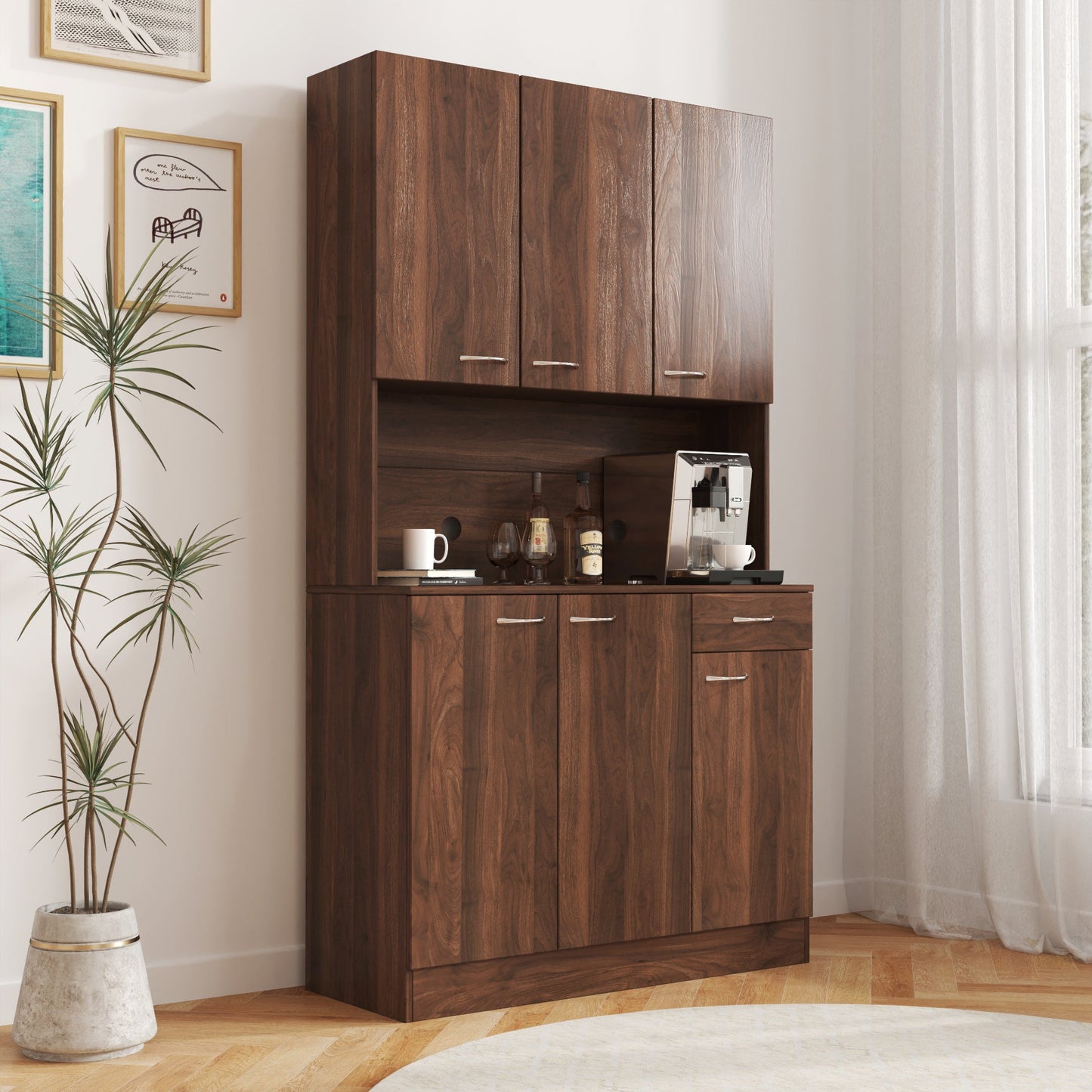 70.87" Tall Wardrobe & Kitchen Cabinet with 6 Doors, Drawer, and Open Shelf
