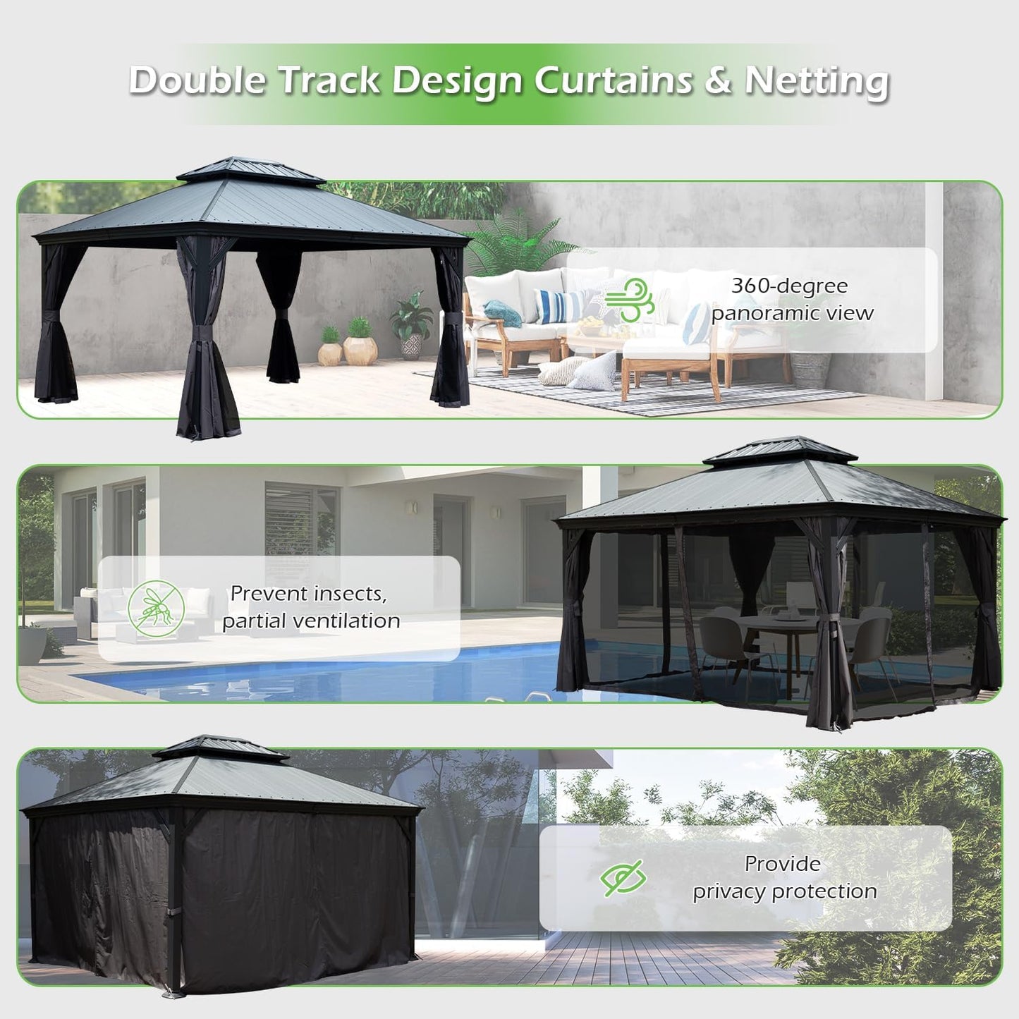 12'x16' Hardtop Gazebo with Resin Roof and Drainage Gutters
