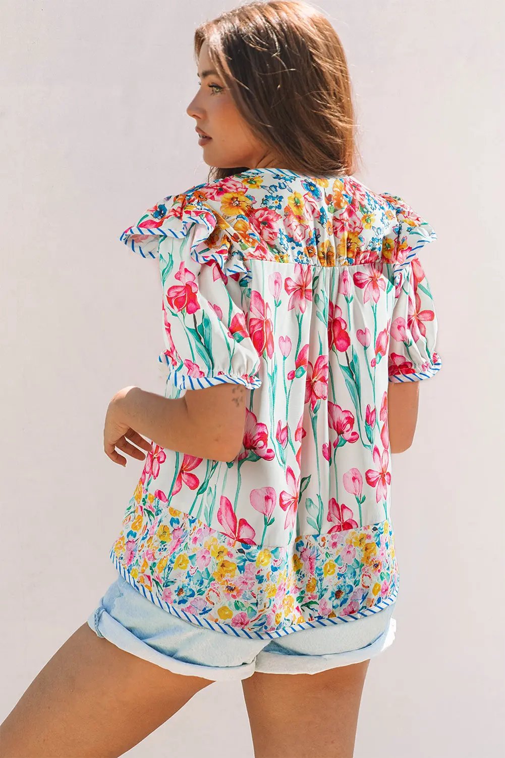 Women's Blouse - Floral Print & Striped Trim - Southern Belle Style