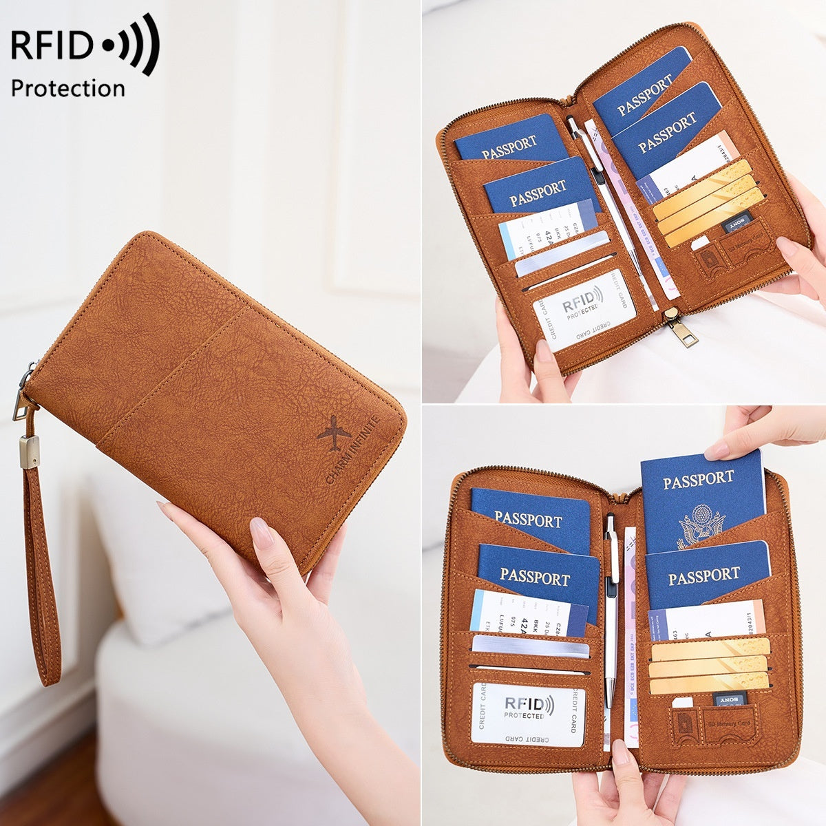 Cross-border RFID-blocking Passport Holder Long-style Zippered Passport Case Multi-functional Travel Document And Ticket Organizer