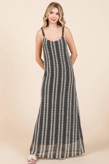Striped Scoop Neck Beaded Strap Maxi Cami Dress