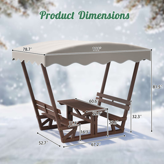 Outdoor Waterproof Solid Wood Picnic Table and Bench Set with Removable Canopy