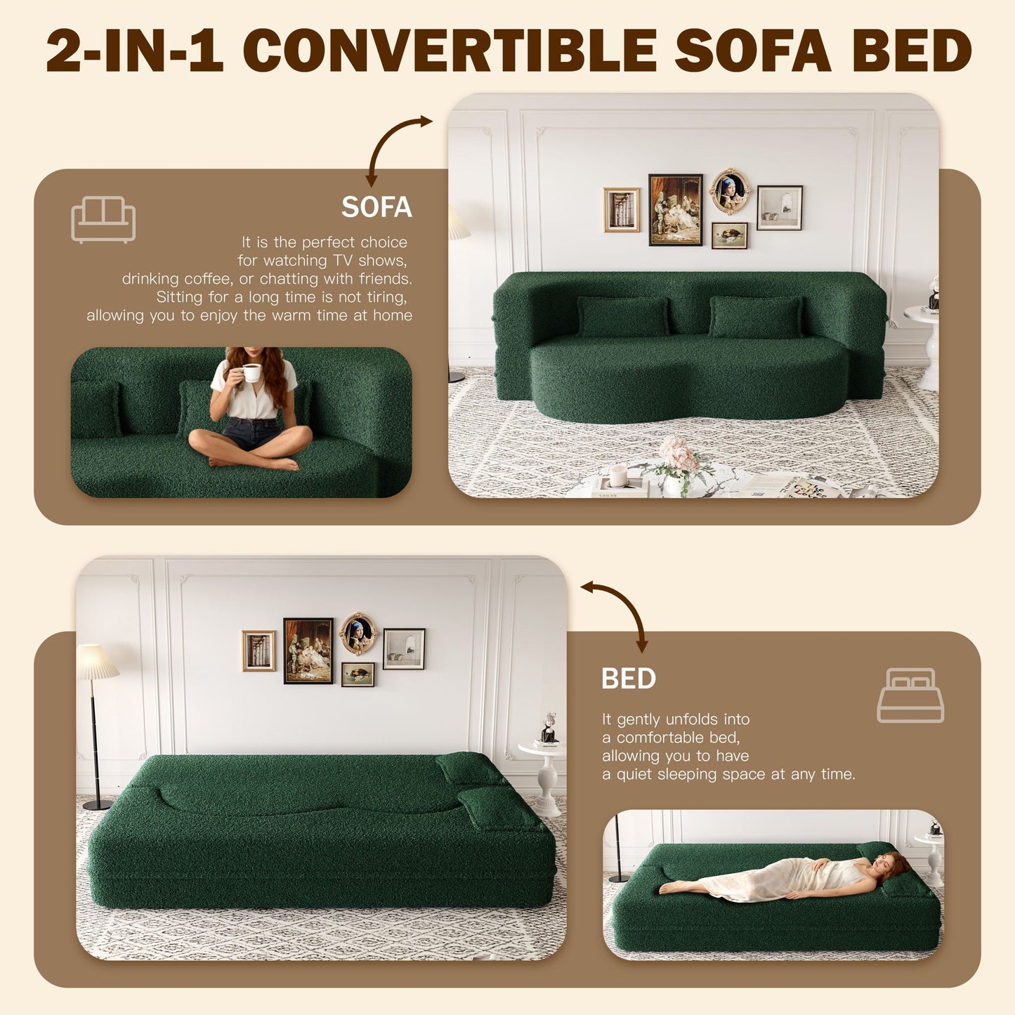 Modern Floor Sleeper Sofa Bed With 2 Pillows, Convertible Twin Size Folding Mattress For Living Room