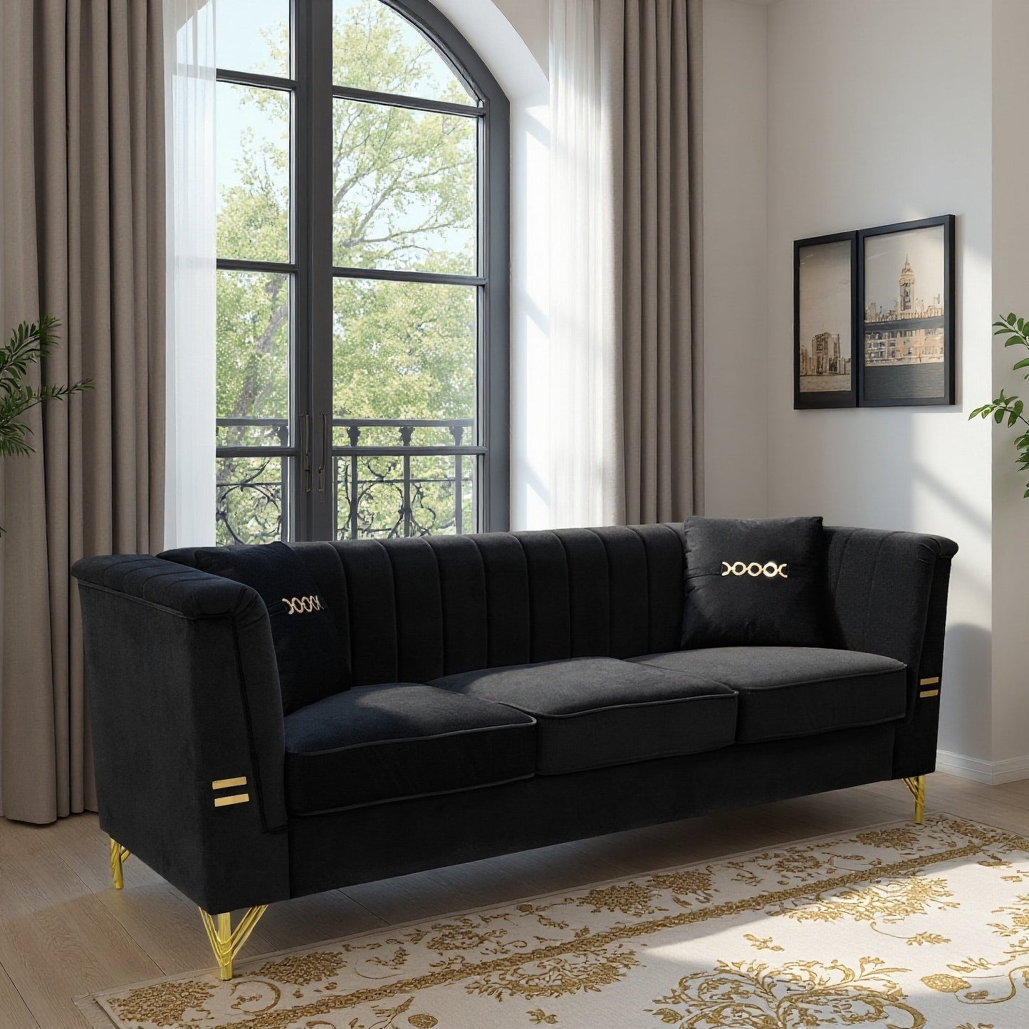 FX-P82-BK2 Modern Velvet 3-Seater Sofa with 2 Pillows