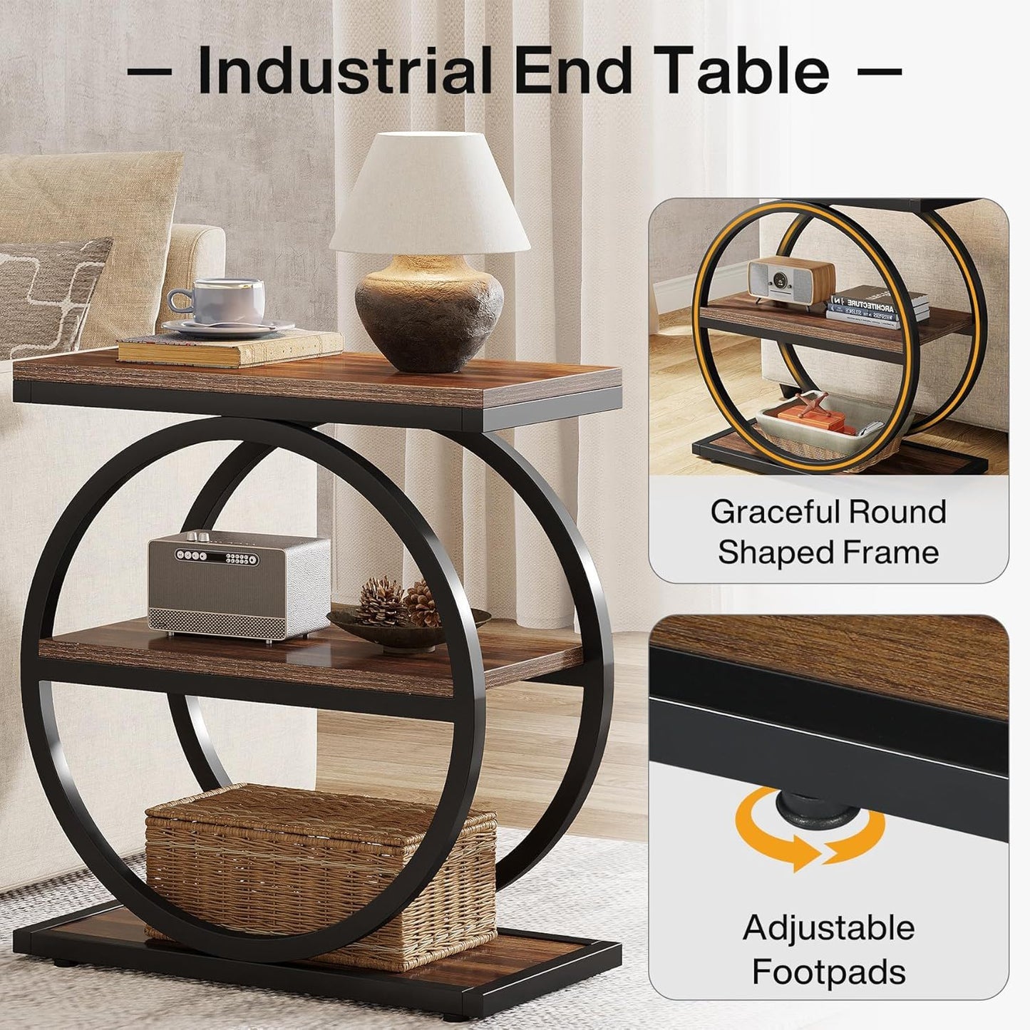 Slim End Tables With 3 Shelves, Compact (Set of 2) - Brown
