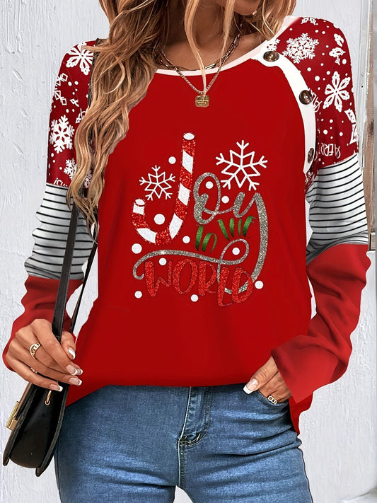 Exclusive For European And American Cross-border SalesAutumn Women's Clothing, Christmas Letter Print, Color-blocking, Buttoned Long-sleeve Top In Stock
