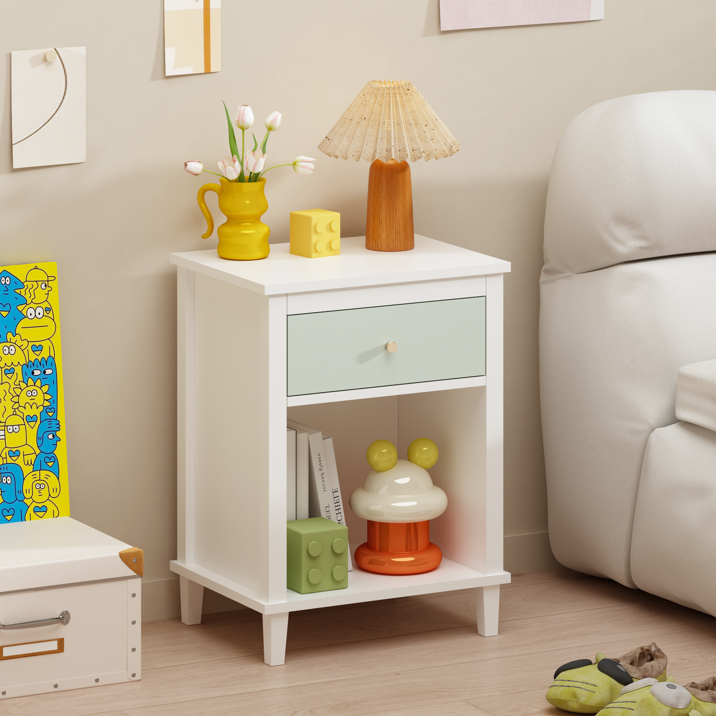26.77''H Wooden Nightstand with One Drawer and One Shelf