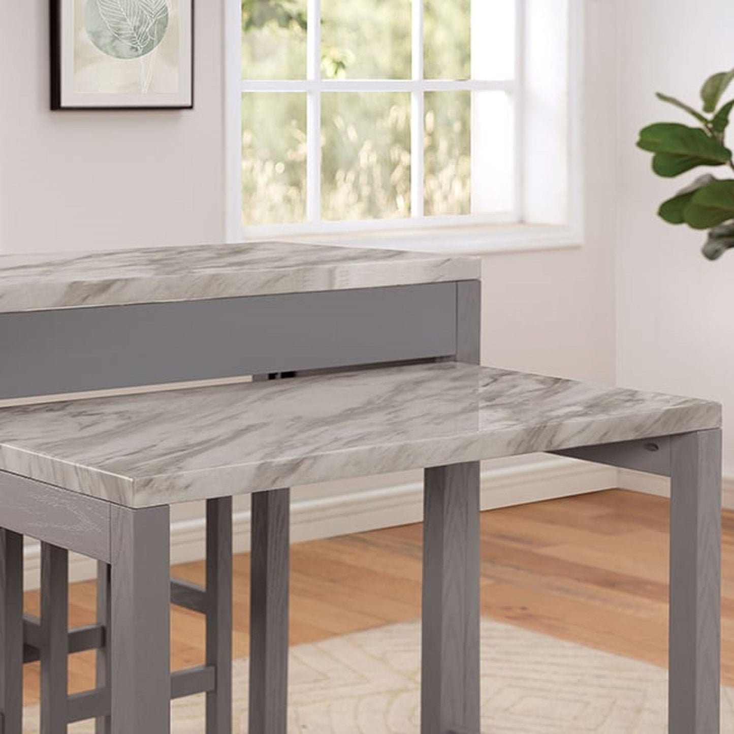 Light Gray Faux Marble Dining Table with Storage Drawer