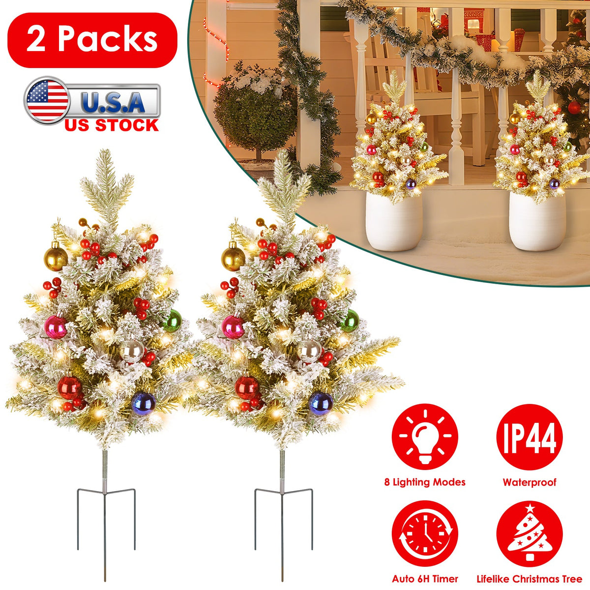 2Pcs Battery Powered Lighted Christmas Tree Urn Filler With Light Artificial Xmas Trees Light with Berries Balls LED Pathway Pine Tree IP44 Waterproof