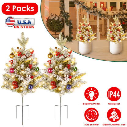 2Pcs Battery Powered Lighted Christmas Tree Urn Filler With Light Artificial Xmas Trees Light with Berries Balls LED Pathway Pine Tree IP44 Waterproof