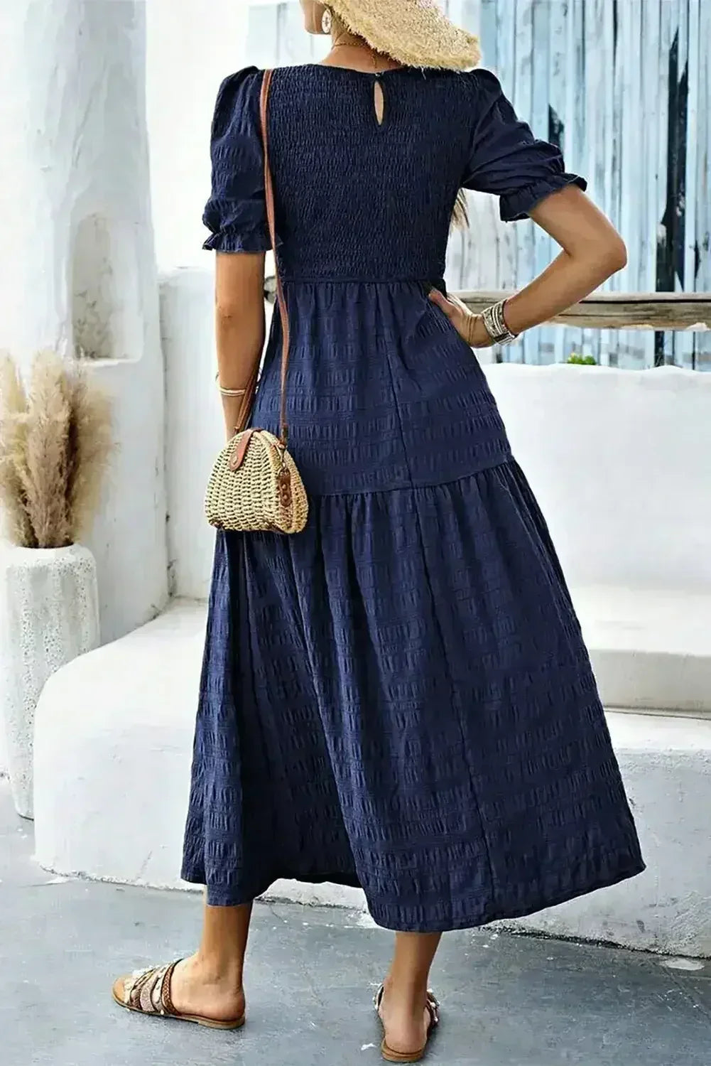 Sail Blue Solid Textured Smocked High Waist Midi Dress