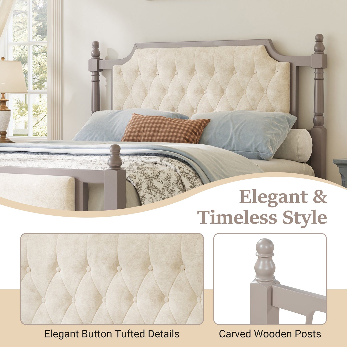 Queen Size Upholstered Platform Bed with Button Tufted Headboard