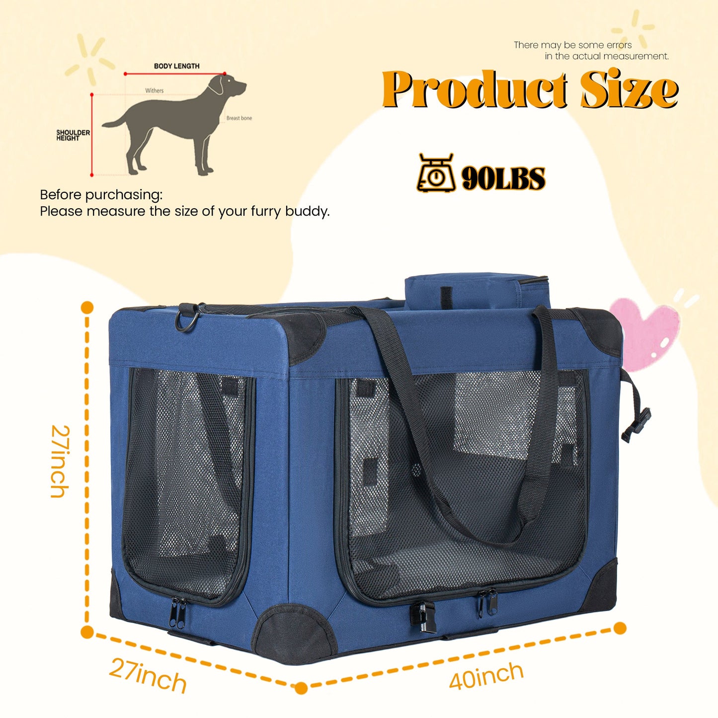 40'' Soft Dog Crates Kennel with 3 Doors and Fleece Mat