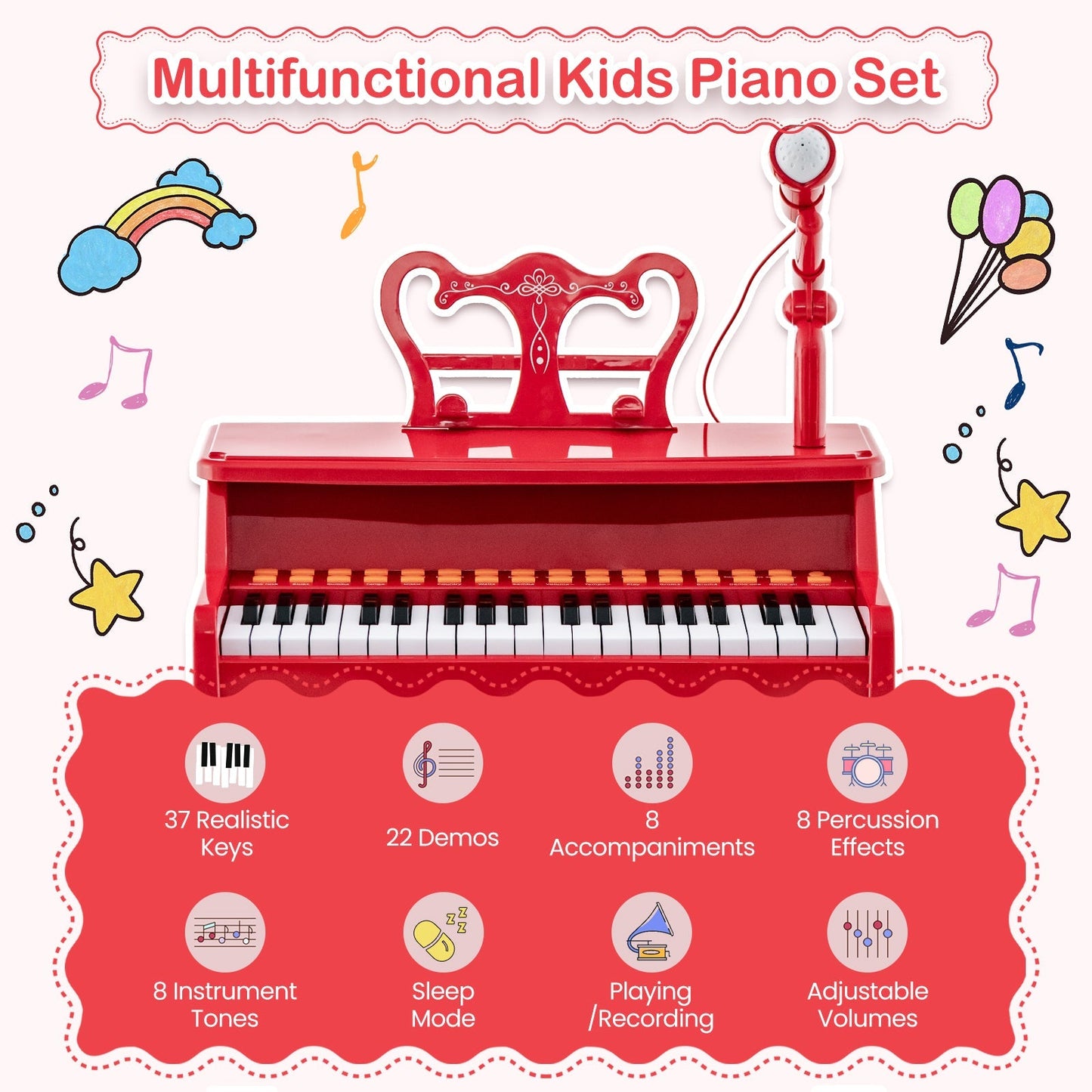 37 Keys Music Piano with Microphone Kids Piano Keyboard with Detachable Music Stand