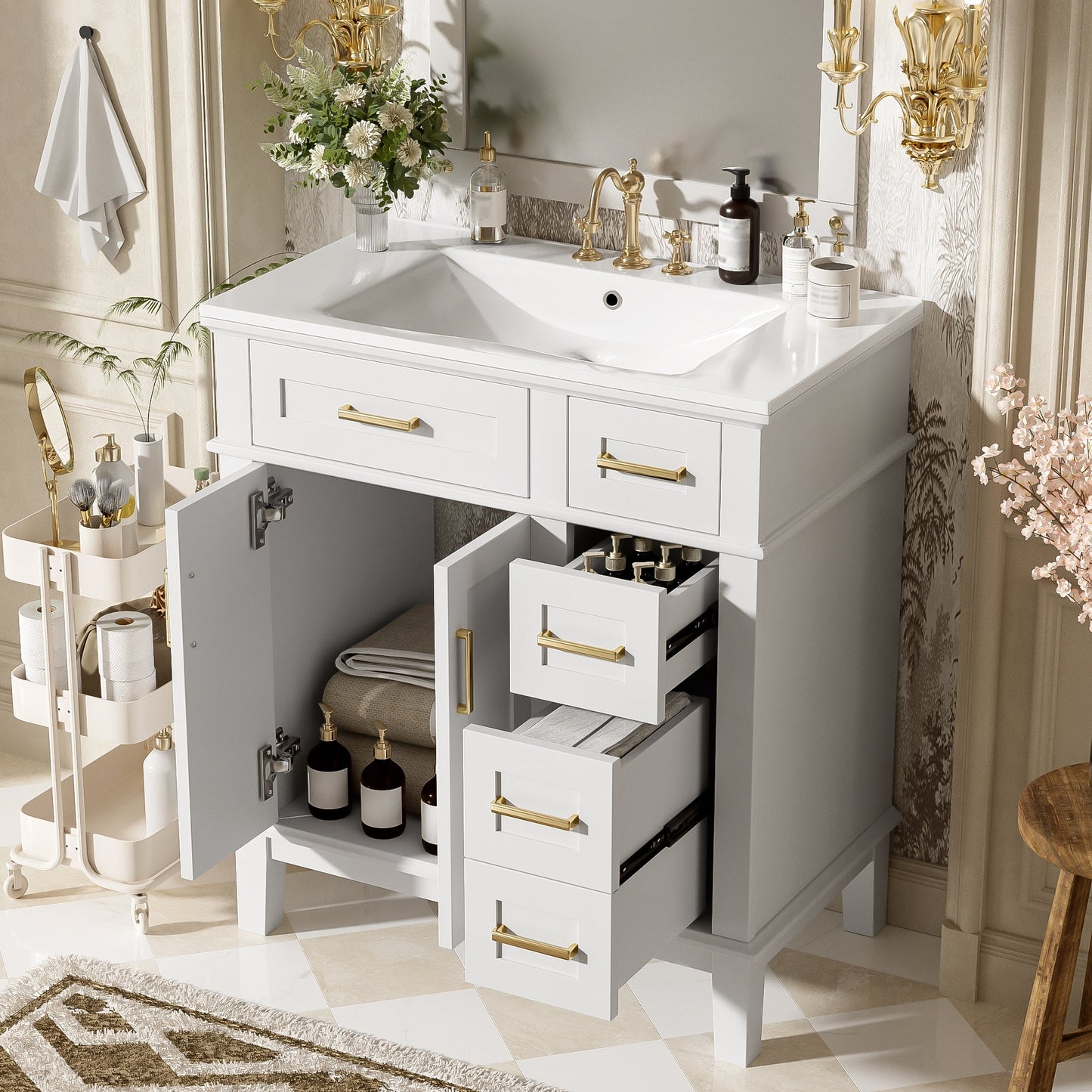 30" Bathroom Vanity with Ceramic Sink and Modern Storage Cabinet