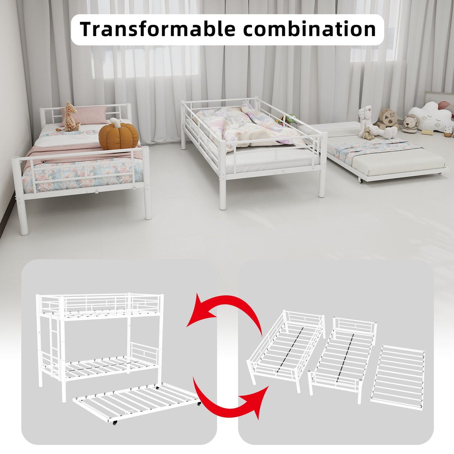 Bunk Bed For Kids, Convertible Frame With Ladders & Guardrail